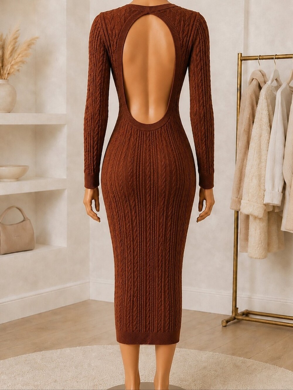 Hera Collection Brown Cable Knit Open Back Maxi Sweater Dress M